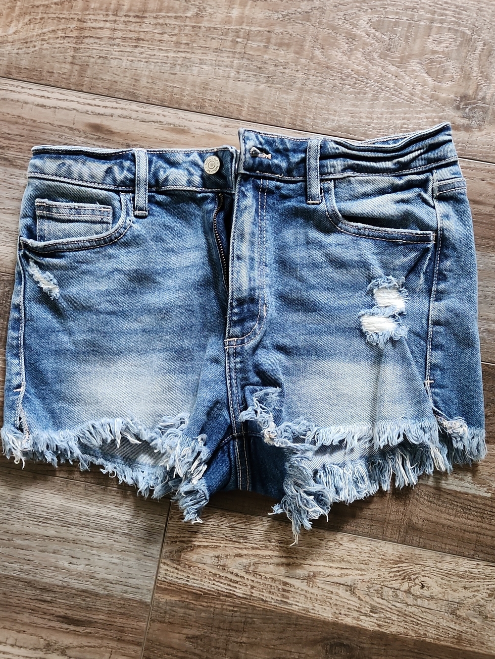 Vintage Blue Distressed Denim Jean Shorts with Frayed Hem